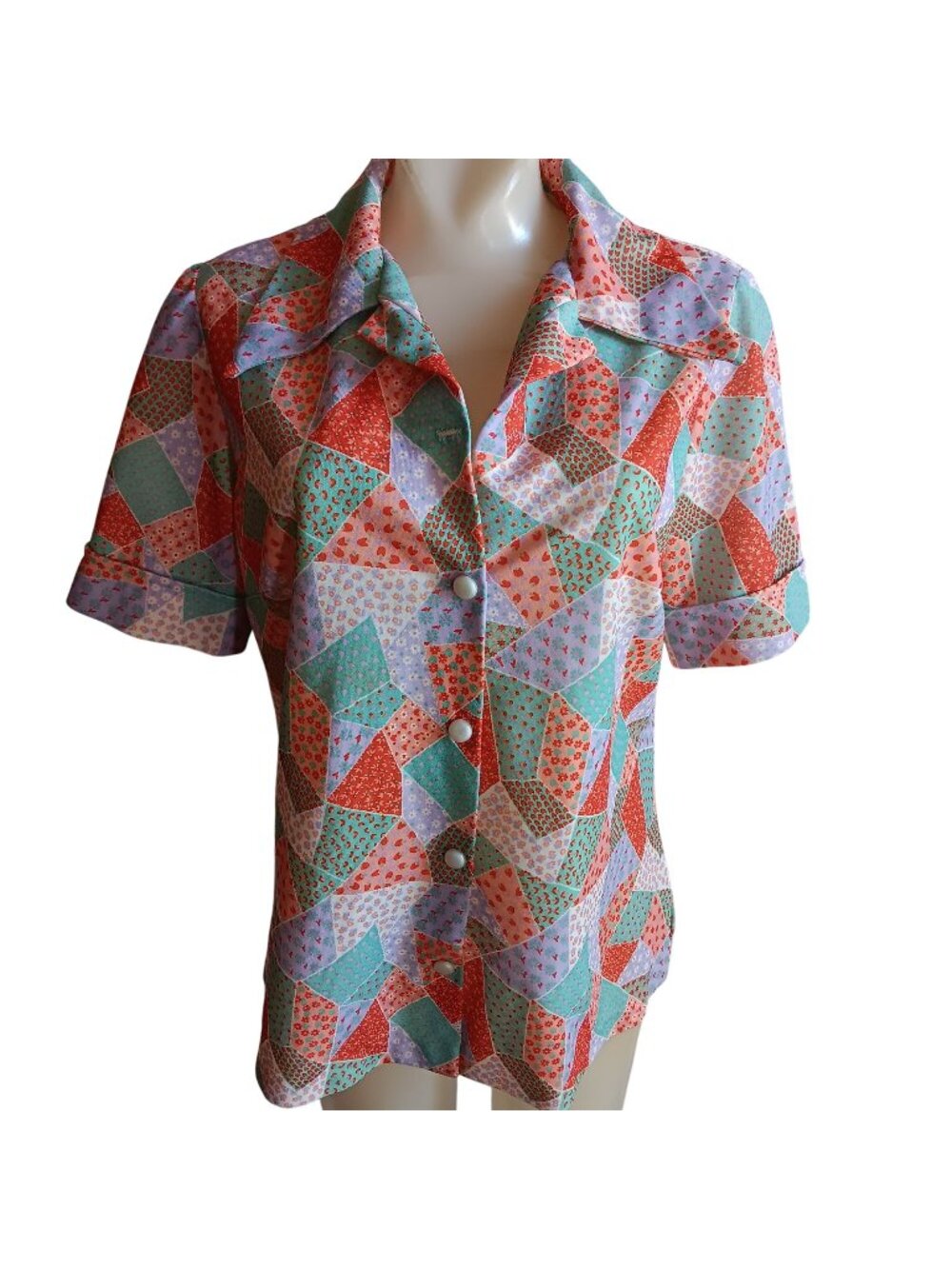 True Vintage Top Large Polyester Granny Patchwork 1970's Blouse Print Handmade